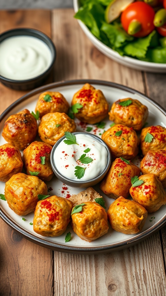 Mediterranean Feta Meatballs Recipe Mediterranean feta meatballs on a plate with yogurt sauce and parsley.